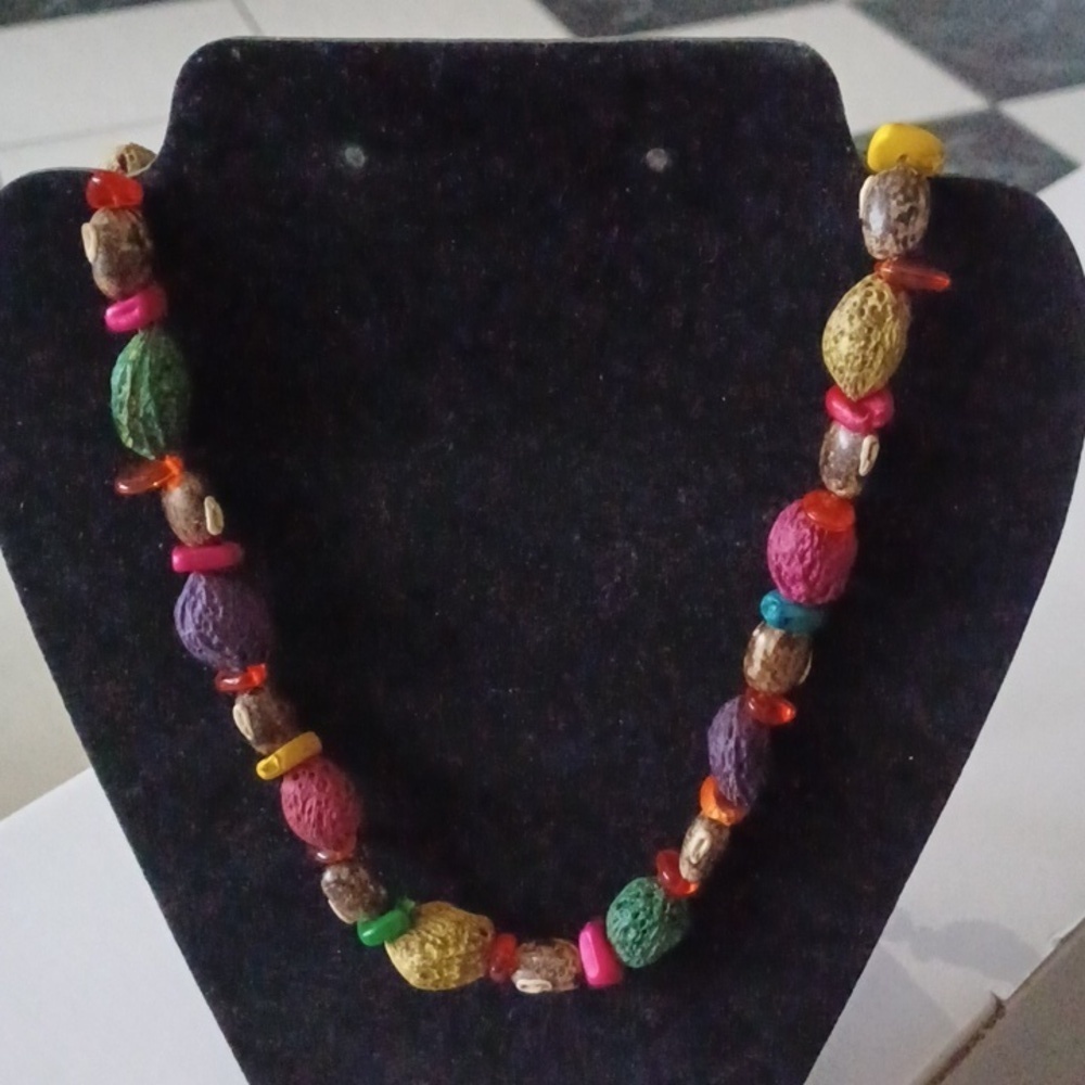 Chunky Multicolor Seed Pod Nut Necklace Beaded Pink Blue Purple Boho Vintage